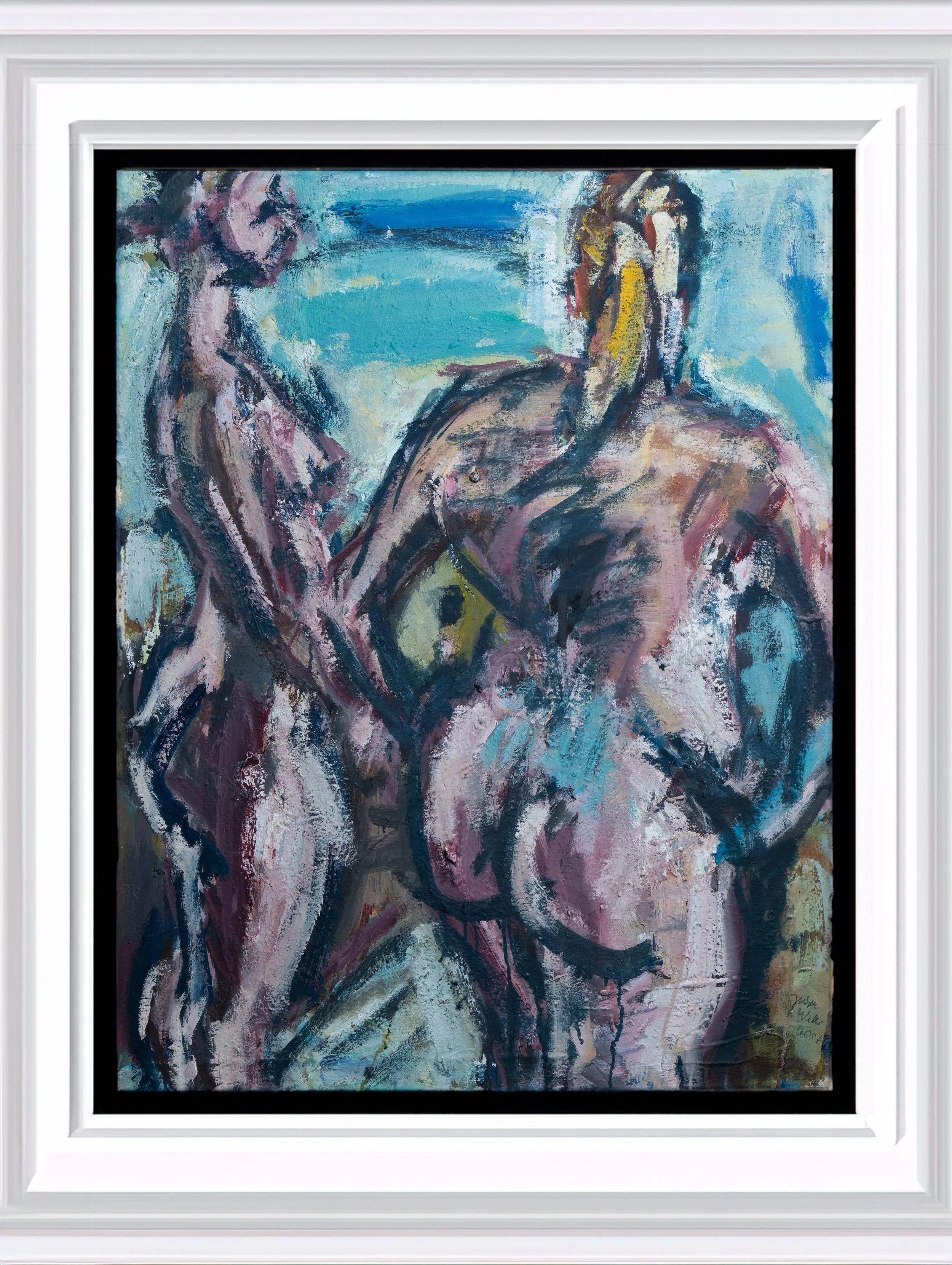 Abstraktes Gemälde zweier nackter Figuren, eines Mannes und einer Frau, die im Freien in der Nähe eines Gewässers interagieren, mit Pinselstrichen in Blau, Rosa und Gelb.