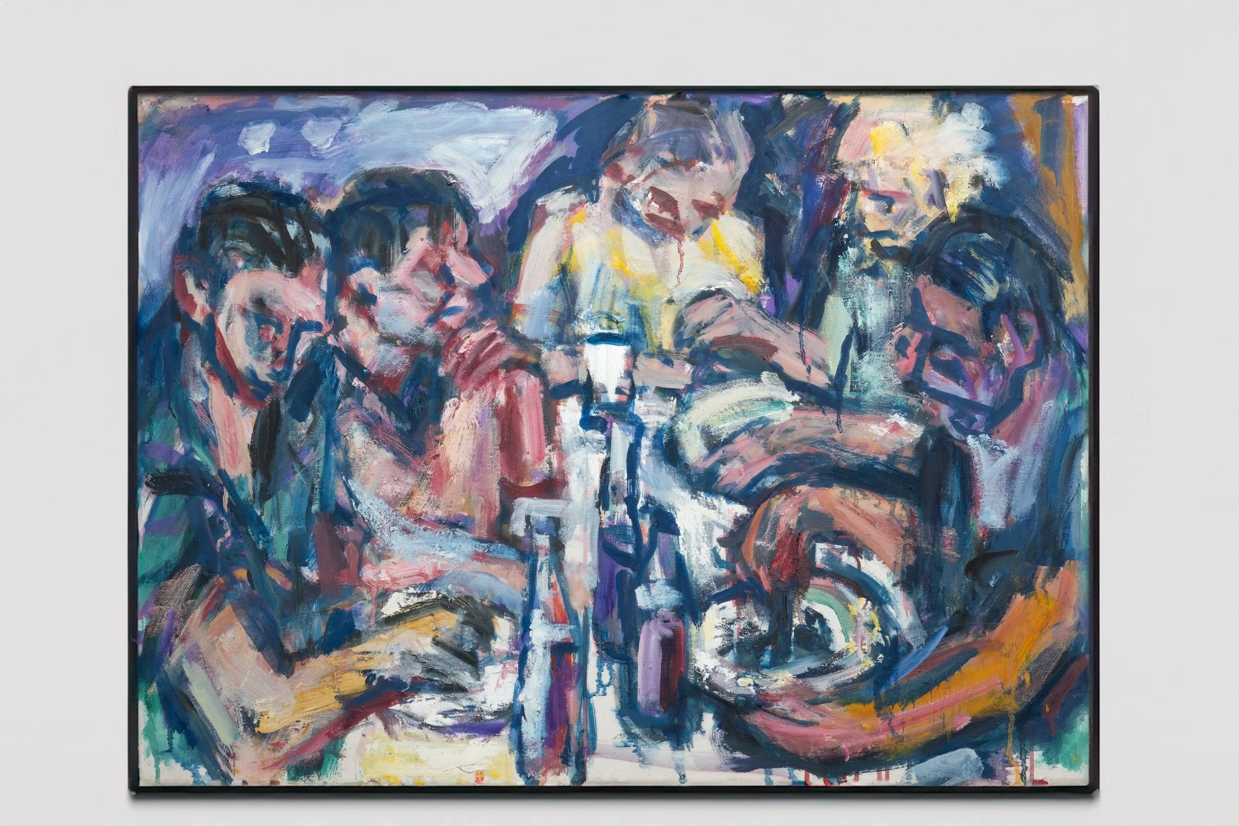 Ein abstrakt-impressionistisches Gemälde von fünf Kindern, die an einem Tisch sitzen, essen und trinken, mit kühnen, ausdrucksstarken Pinselstrichen und leuchtenden Farben.