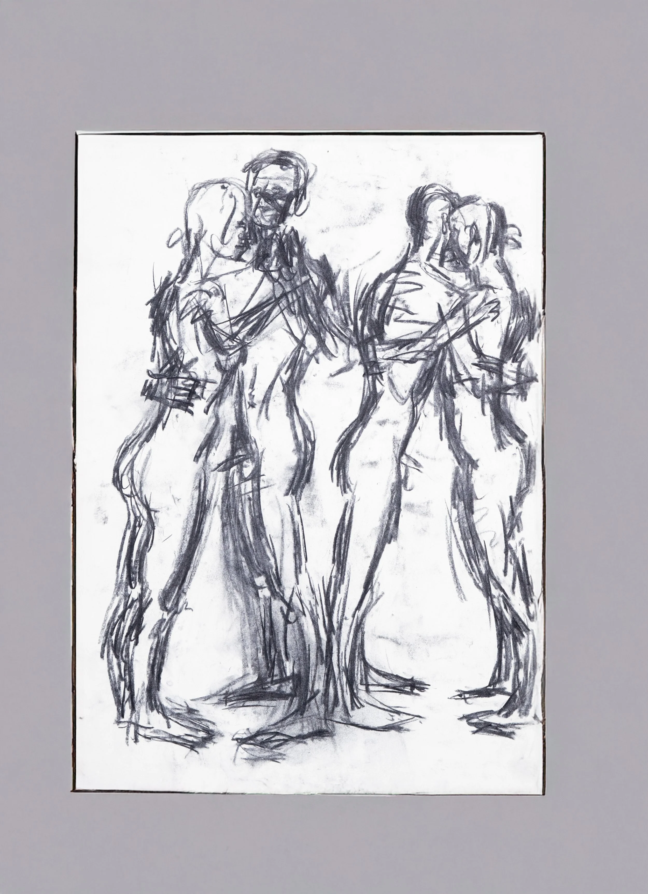 Skizze von vier Personen, zwei Männern und zwei Frauen, die eng beieinander stehen und sich unterhalten.