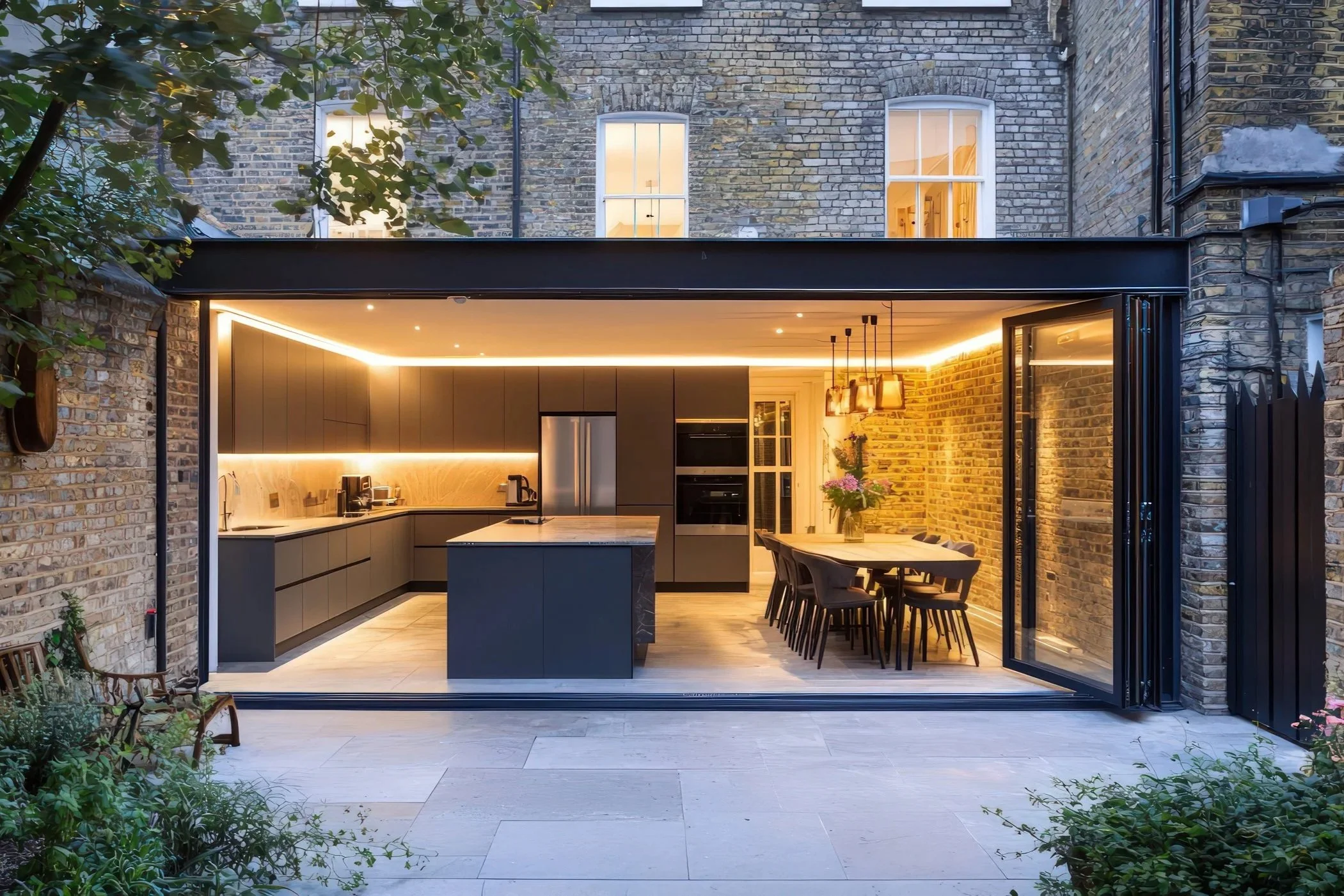 Modern kitchen and dining area visible through large open sliding doors, with exposed brick walls, pendant lighting, and an outdoor patio with plants.