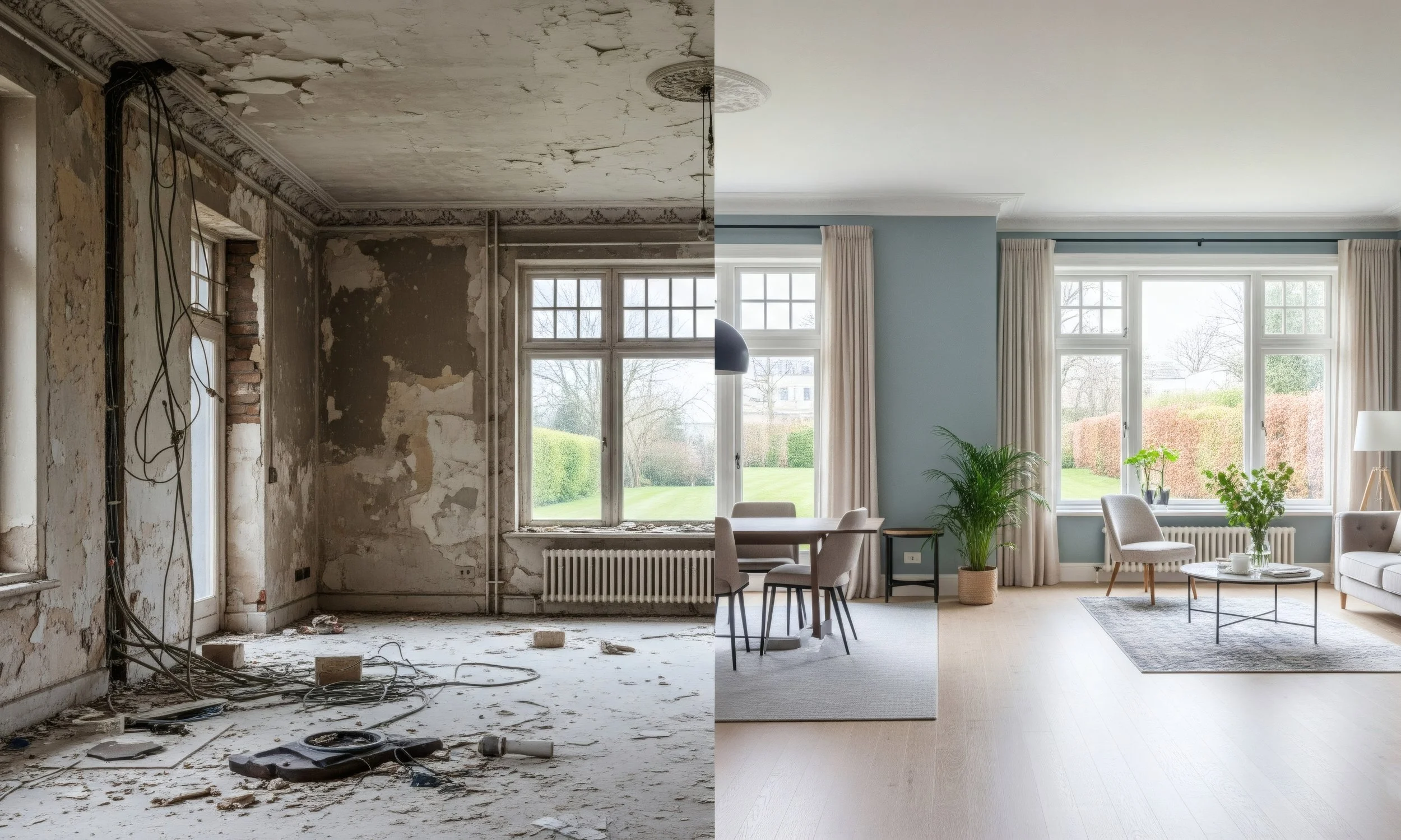 Split view showing a before-and-after of a room renovation. The left side depicts an unfinished, dilapidated room with peeling paint, exposed wires, and debris on the floor. The right side shows a clean, modern living room with light-colored wood flooring, a blue accent wall, large windows with curtains, and contemporary furniture and decor.