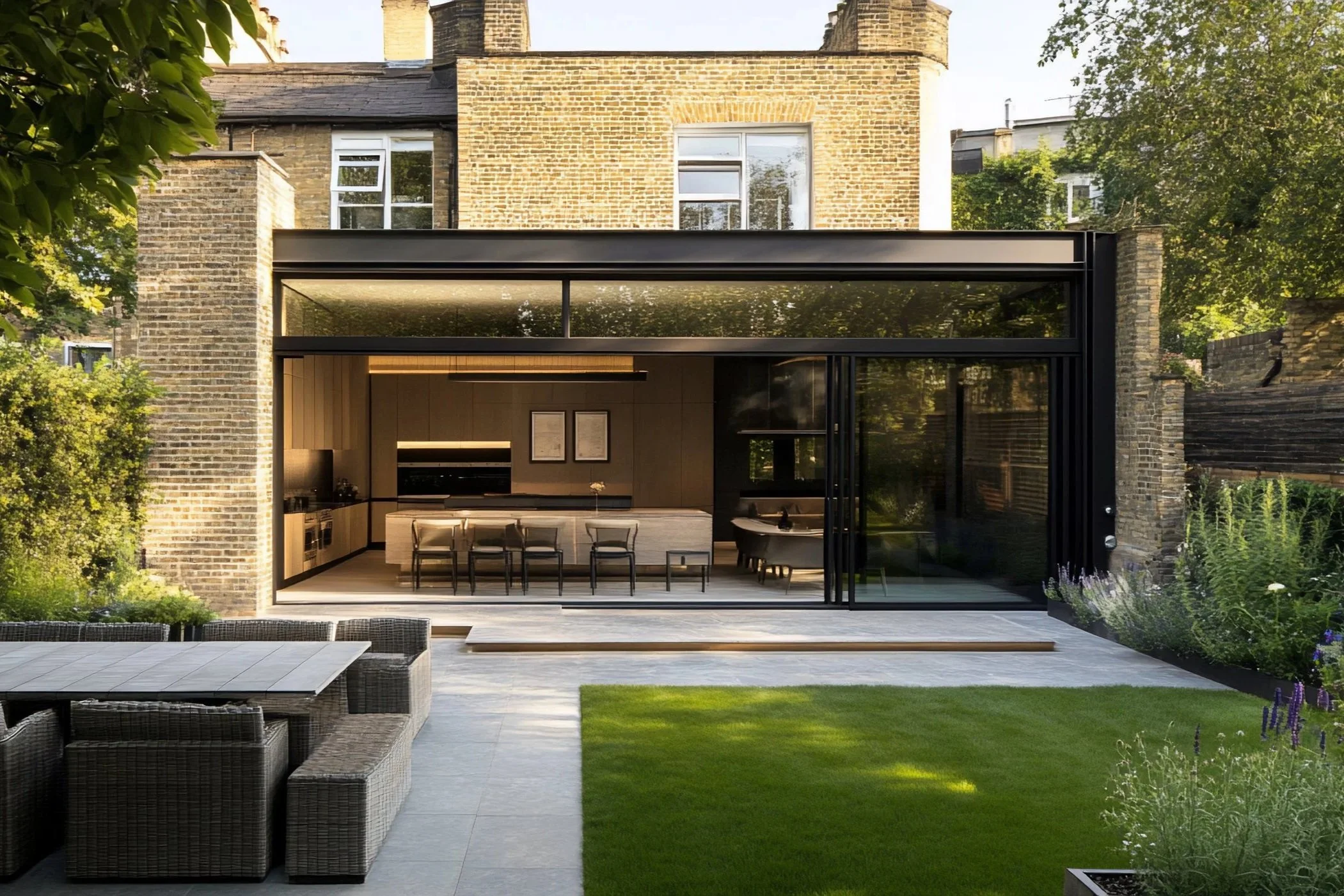 Modern house with a large glass sliding door opening to a backyard with outdoor furniture, greenery, and a garden.