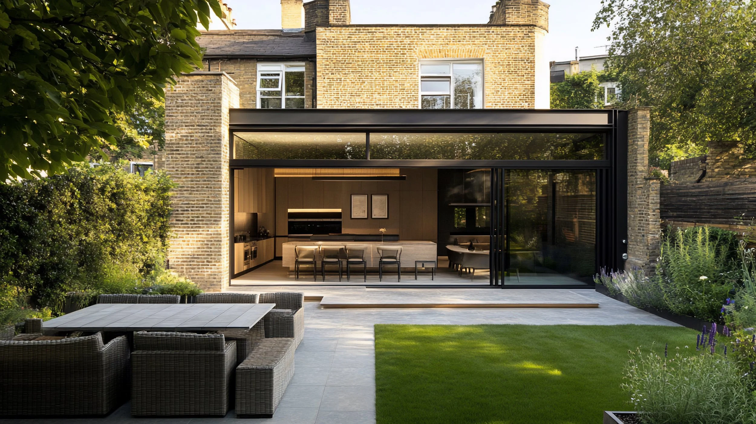 Modern glass extension on a traditional brick house, with an outdoor dining area featuring a large rectangular table and wicker chairs on a tiled patio, surrounded by green lawn and garden plants.