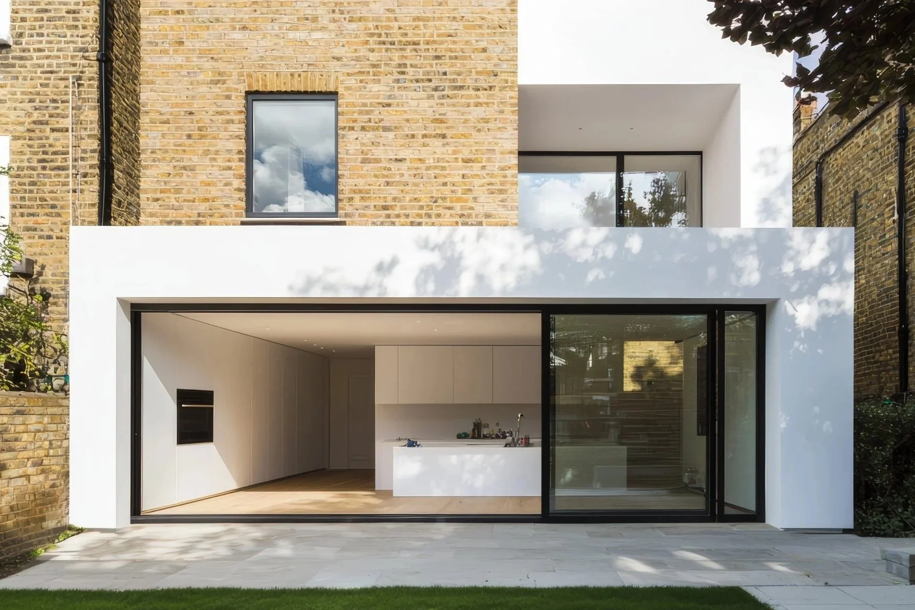 Modern house with large glass sliding doors, white exterior walls, and brick upper walls, with a green lawn in the foreground.