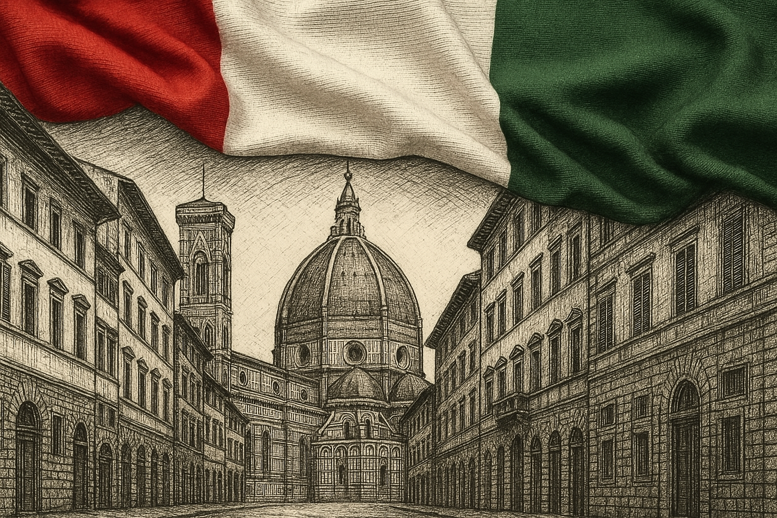 A black and white sketch of a historic European cityscape featuring a large domed church and surrounding buildings, with an Italian flag draped over the top of the image.