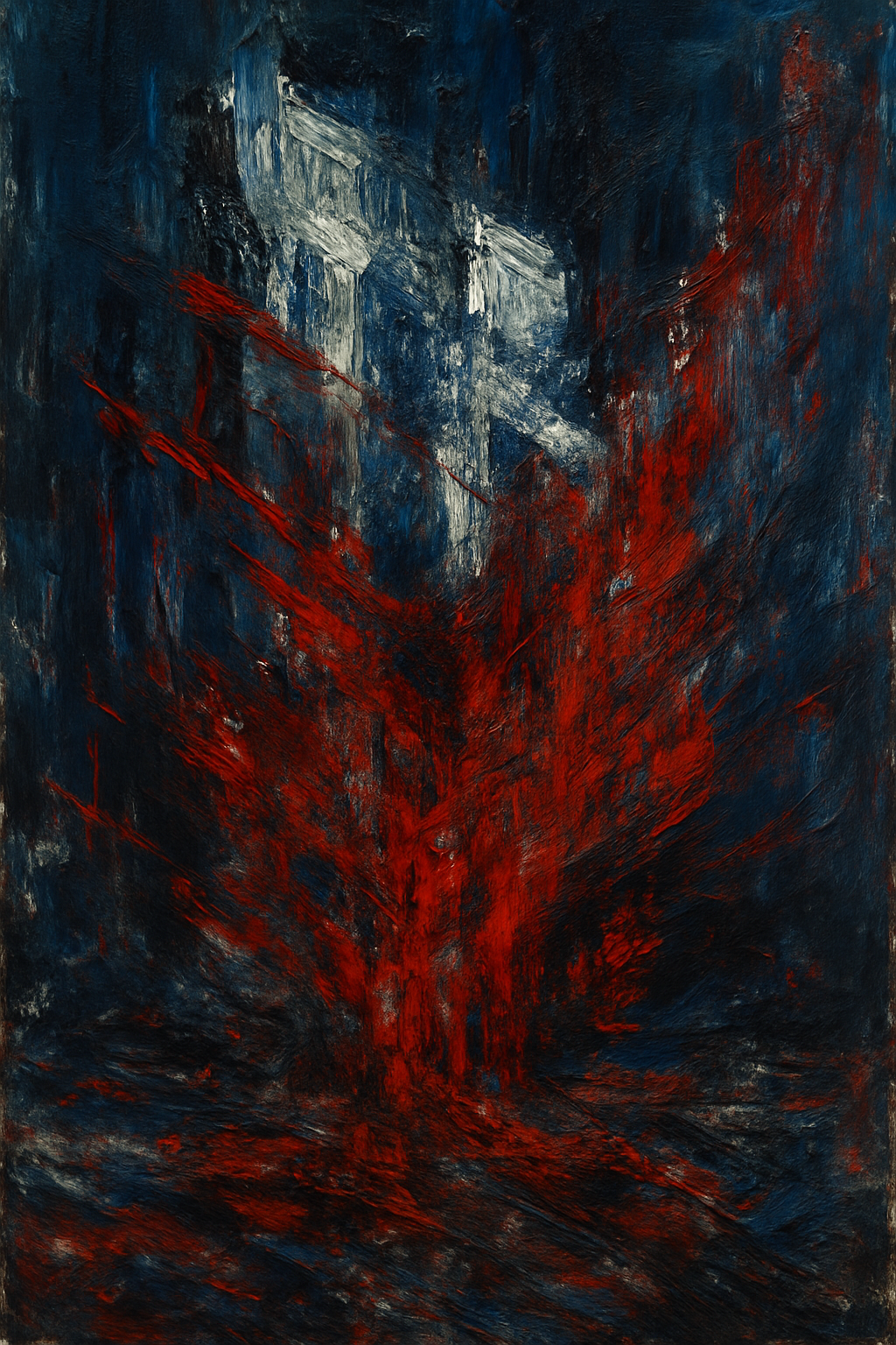 Abstract painting featuring dark blue and black background with bold red streaks and smudges, creating a dynamic, chaotic composition.