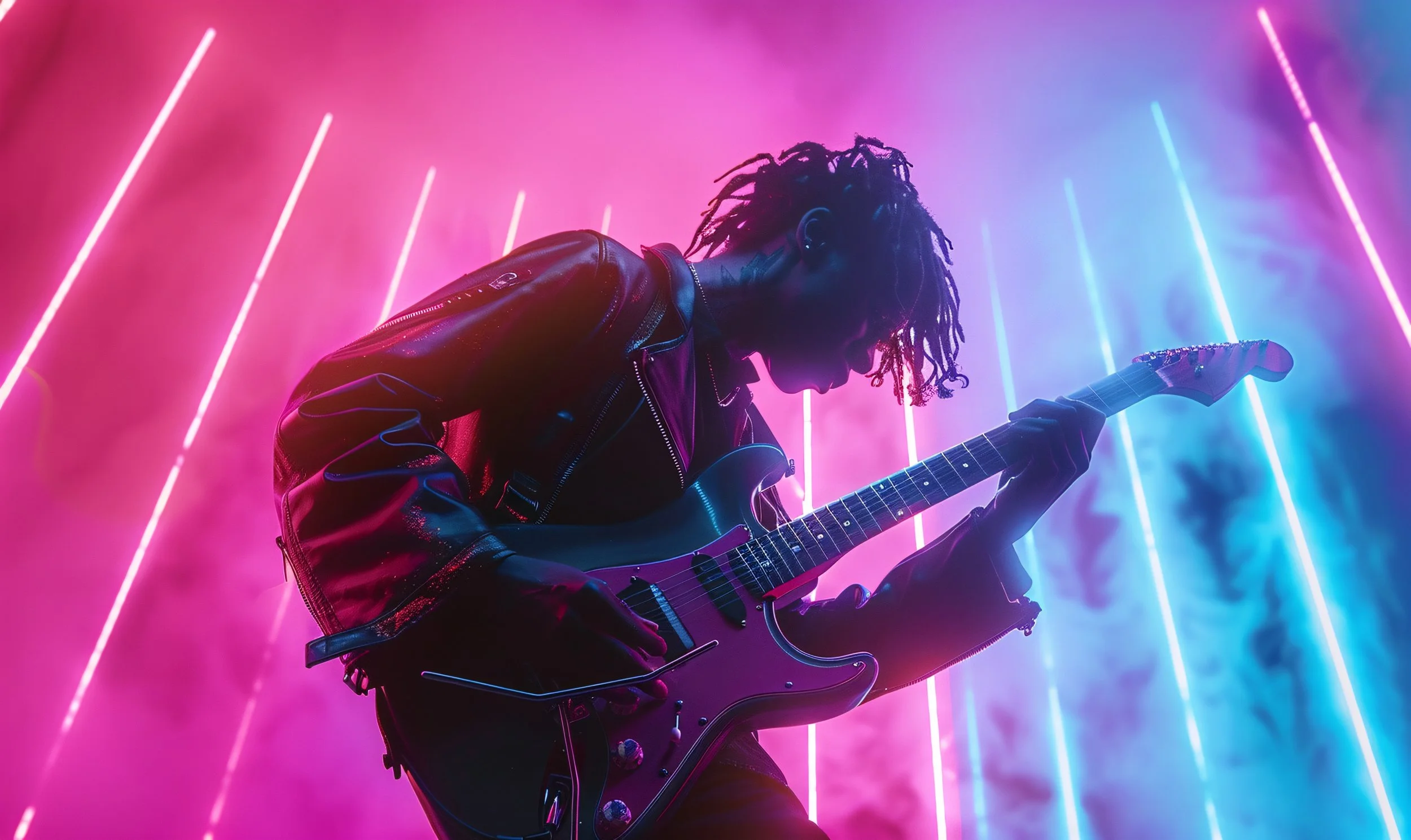 Person playing electric guitar with neon pink and blue lights in the background.