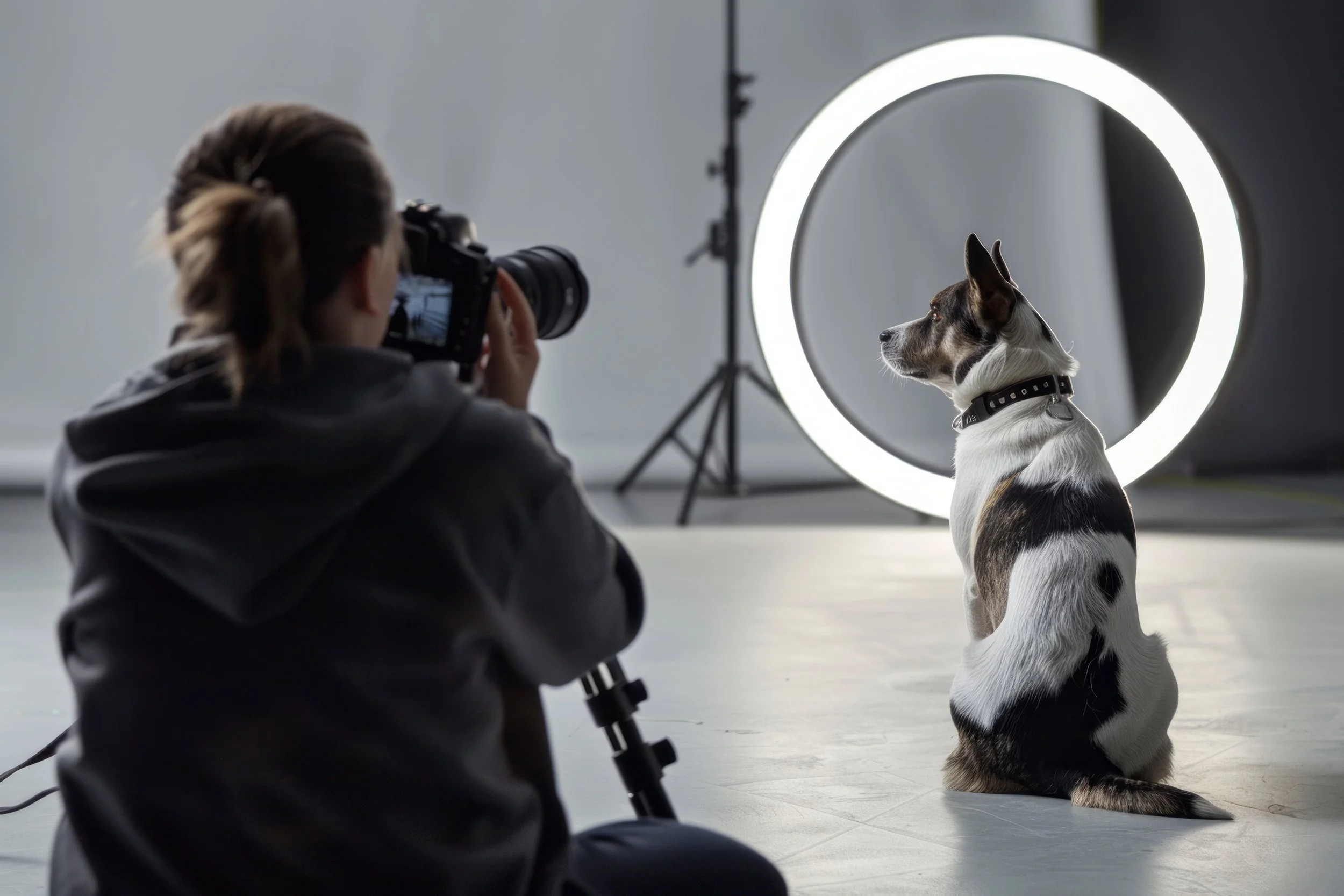A woman taking a photo of a dog in front of a circular ring light in a studio setting.