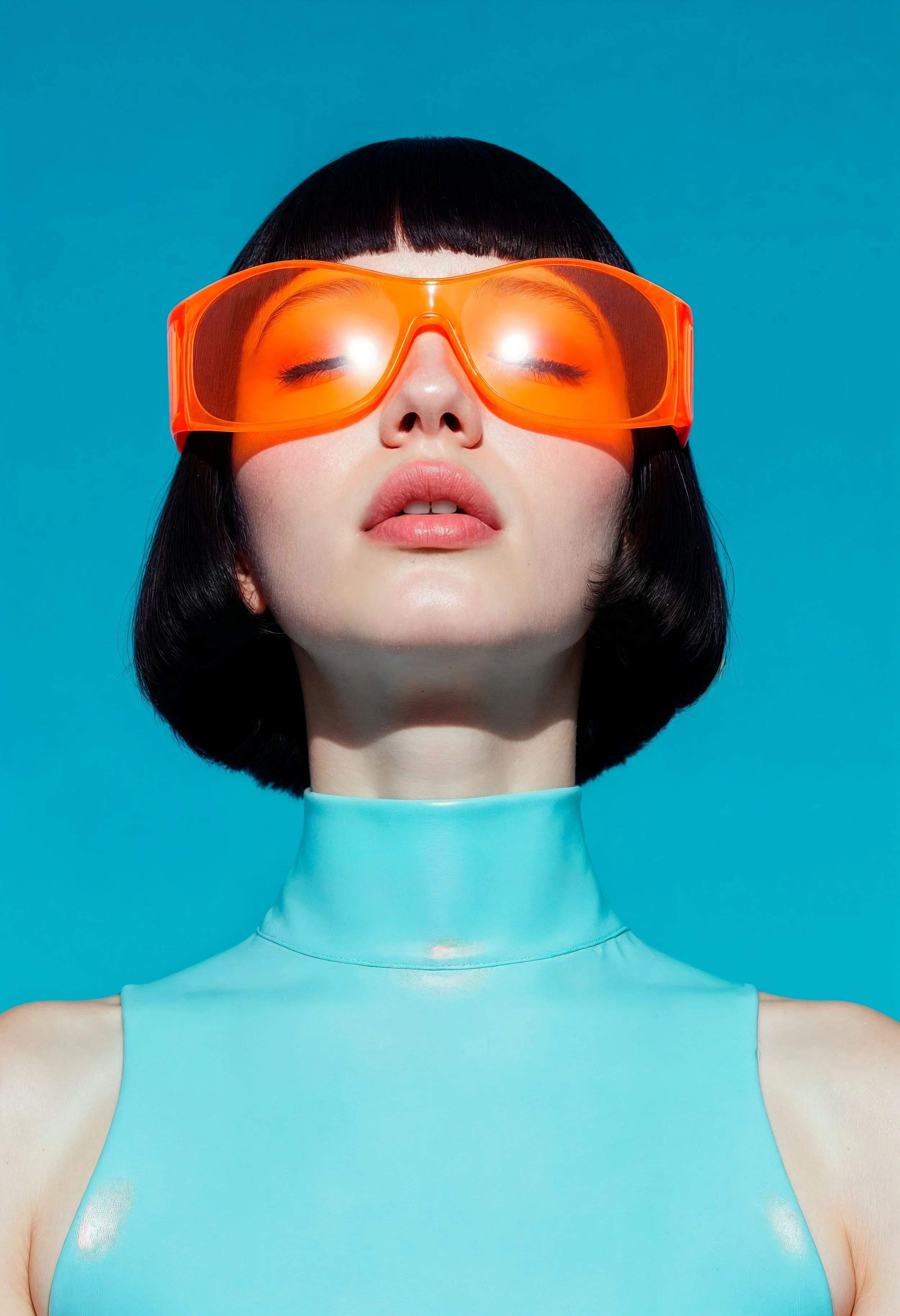 A woman with short black hair, wearing orange tinted sunglasses and a shiny, light blue sleeveless high-neck top against a blue background.