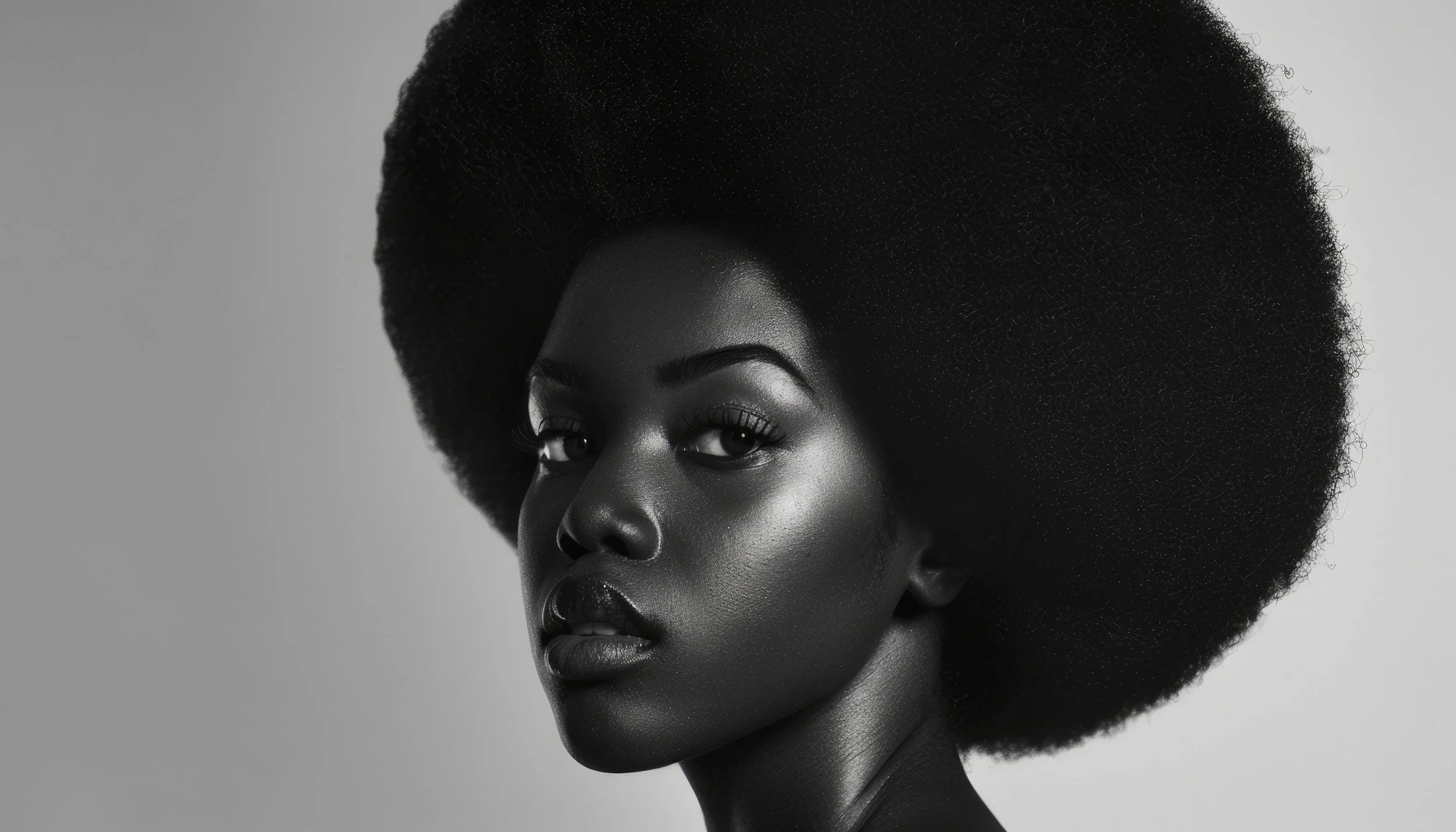 Black woman with a voluminous afro hairstyle looking over her shoulder, in black and white.