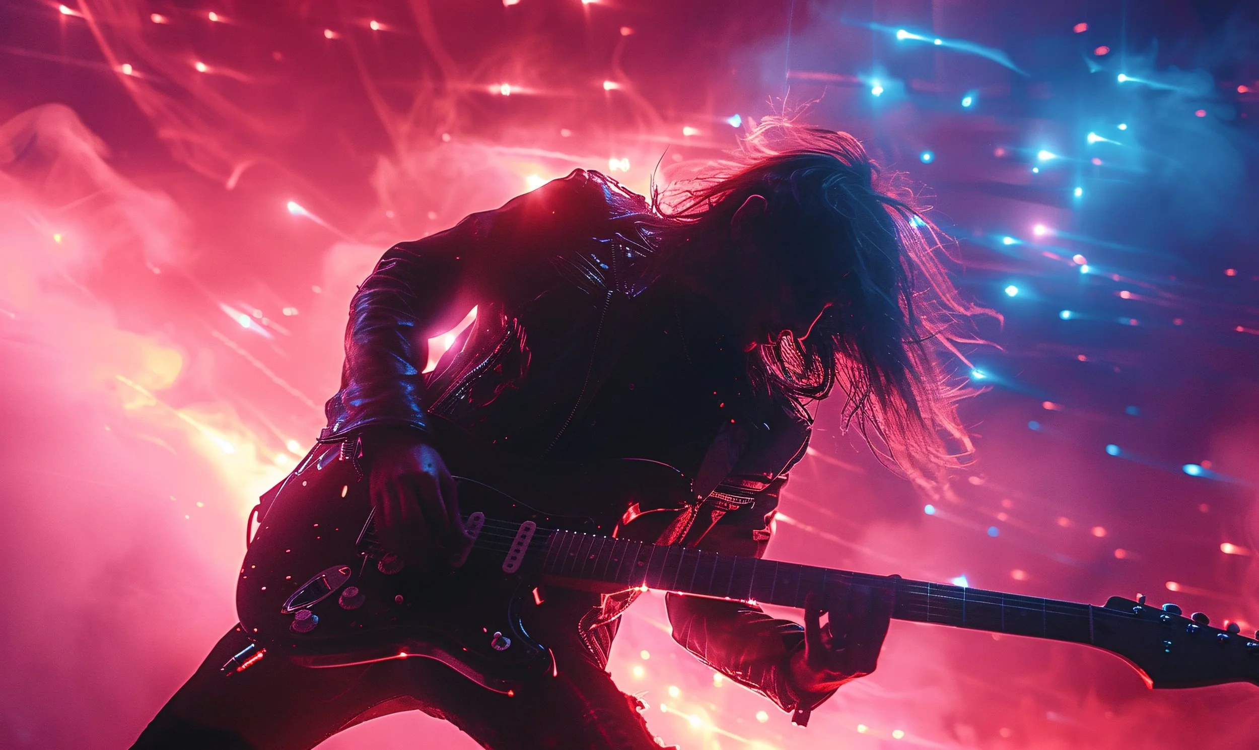 A silhouette of a musician playing an electric guitar on stage with colorful lights and effects.