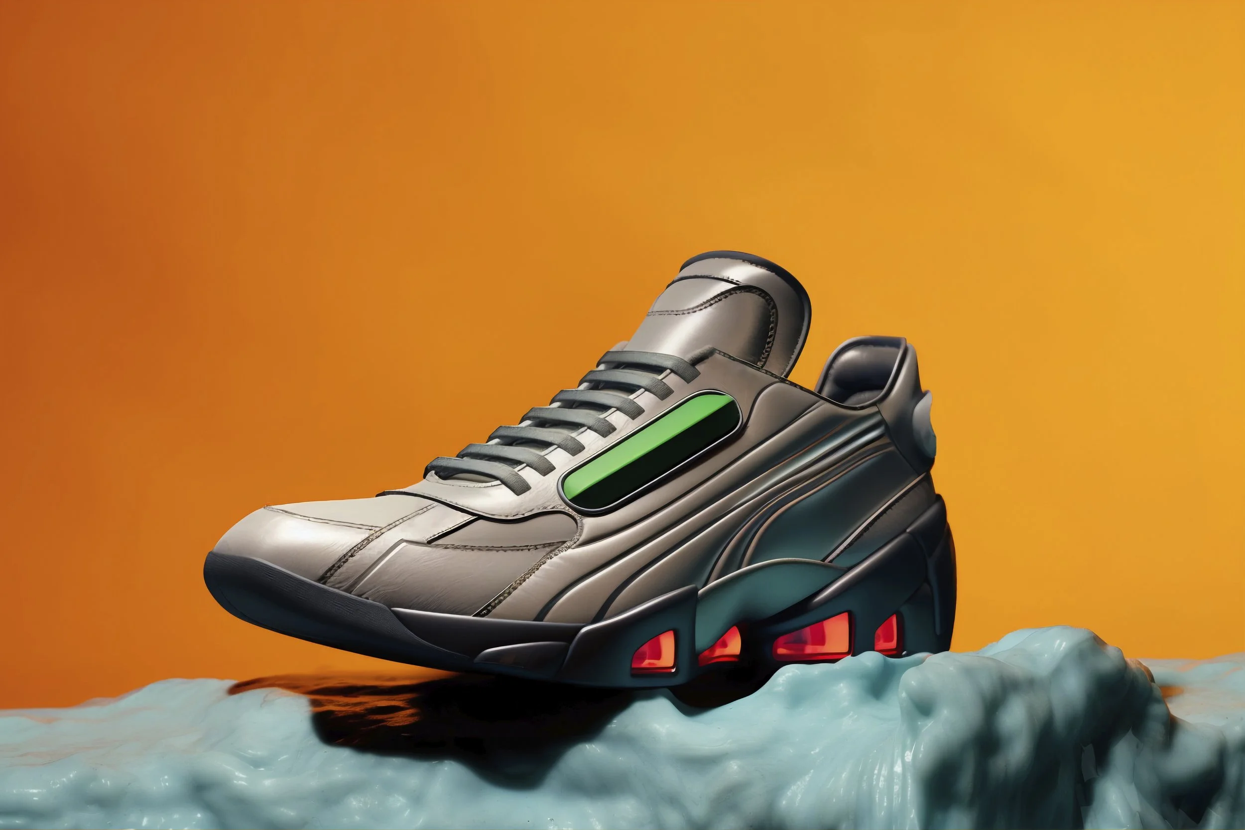 A futuristic sneaker designed to resemble a spaceship, with a metallic surface, green accents, and red lights on the sole, set against an orange background and appearing to be floating on a textured, cloud-like surface.