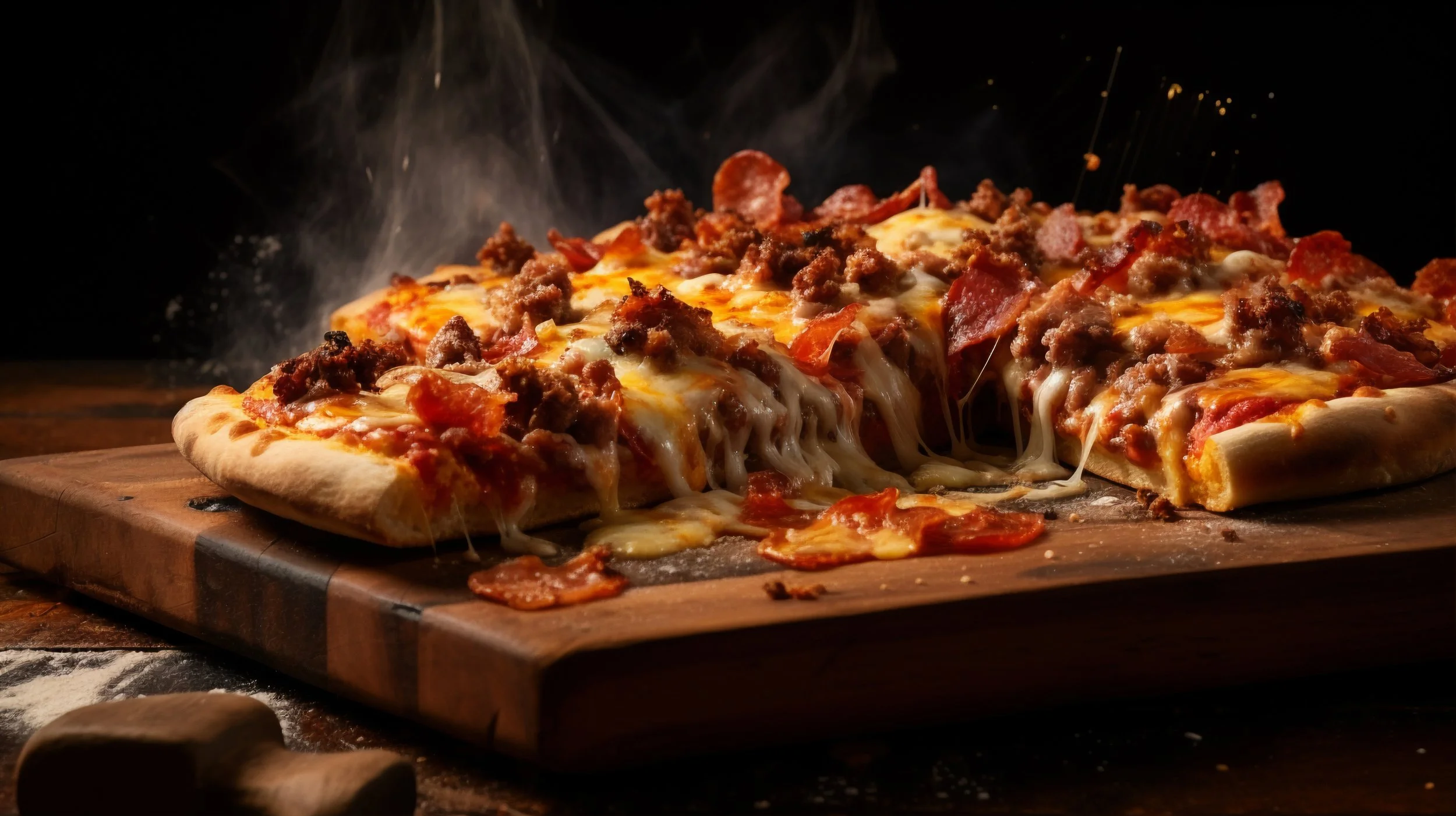 Steaming pizza with cheese, sausage, bacon, and pepperoni slices on a wooden serving board against a dark background.
