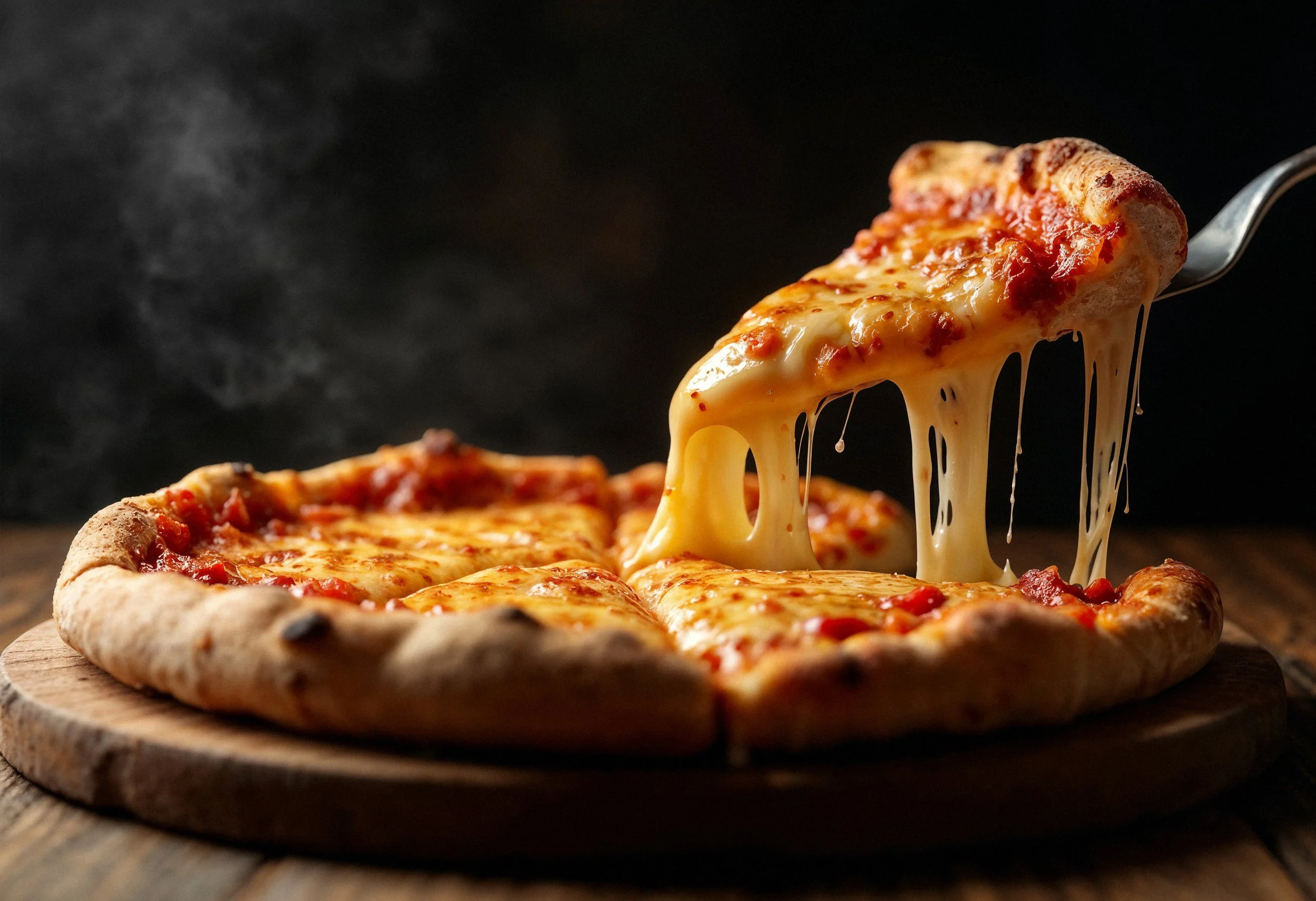 A cheese pizza with a slice being lifted, stretching melted cheese.