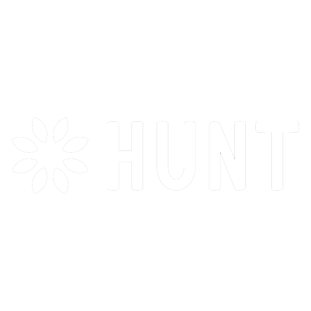 Black background with white text that reads 'HUNT' and a flower-like icon to the left of the text.
