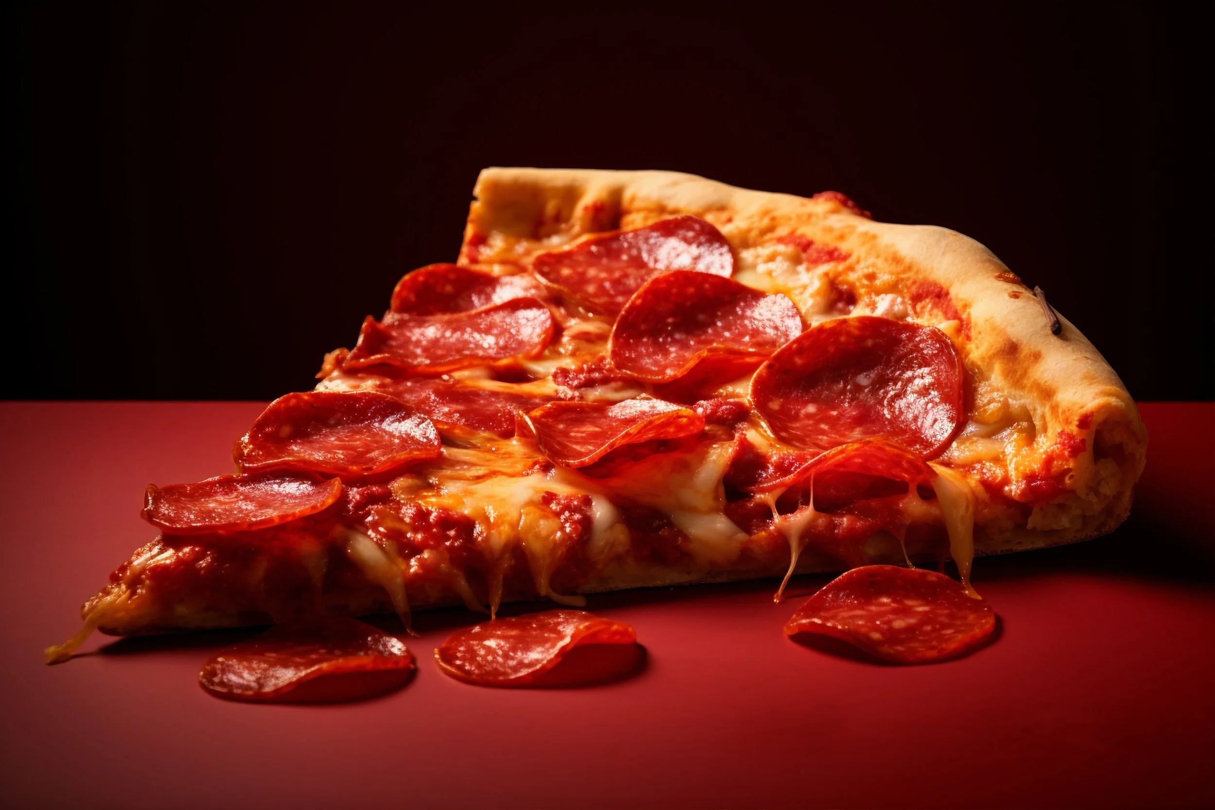 A slice of pepperoni pizza with melted cheese on a dark red surface against a black background.