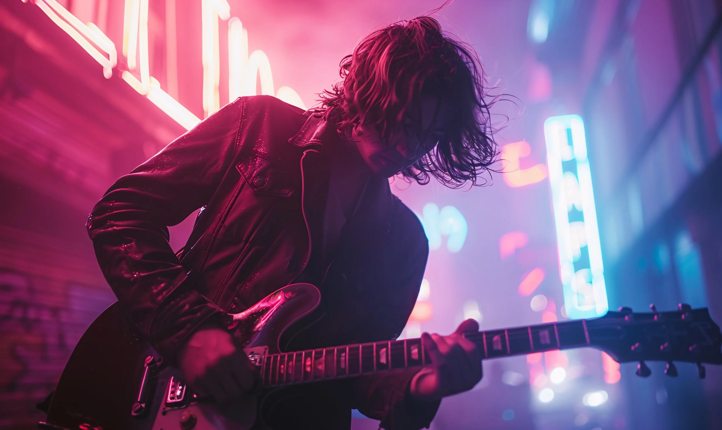 Person with long hair wearing a leather jacket playing electric guitar on street at night illuminated by neon lights.