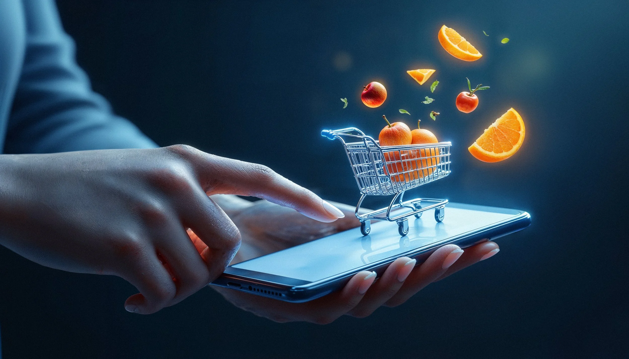 A person holding a smartphone with a miniature shopping cart filled with apples, oranges, and floating fruit and leaves above the phone.