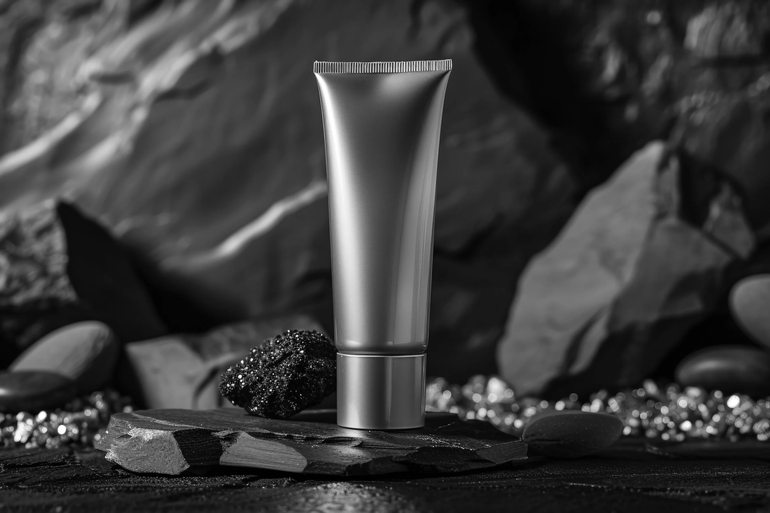 A sleek, silver cosmetic tube standing upright on a flat surface, surrounded by rocks and pebbles with a blurred natural background.