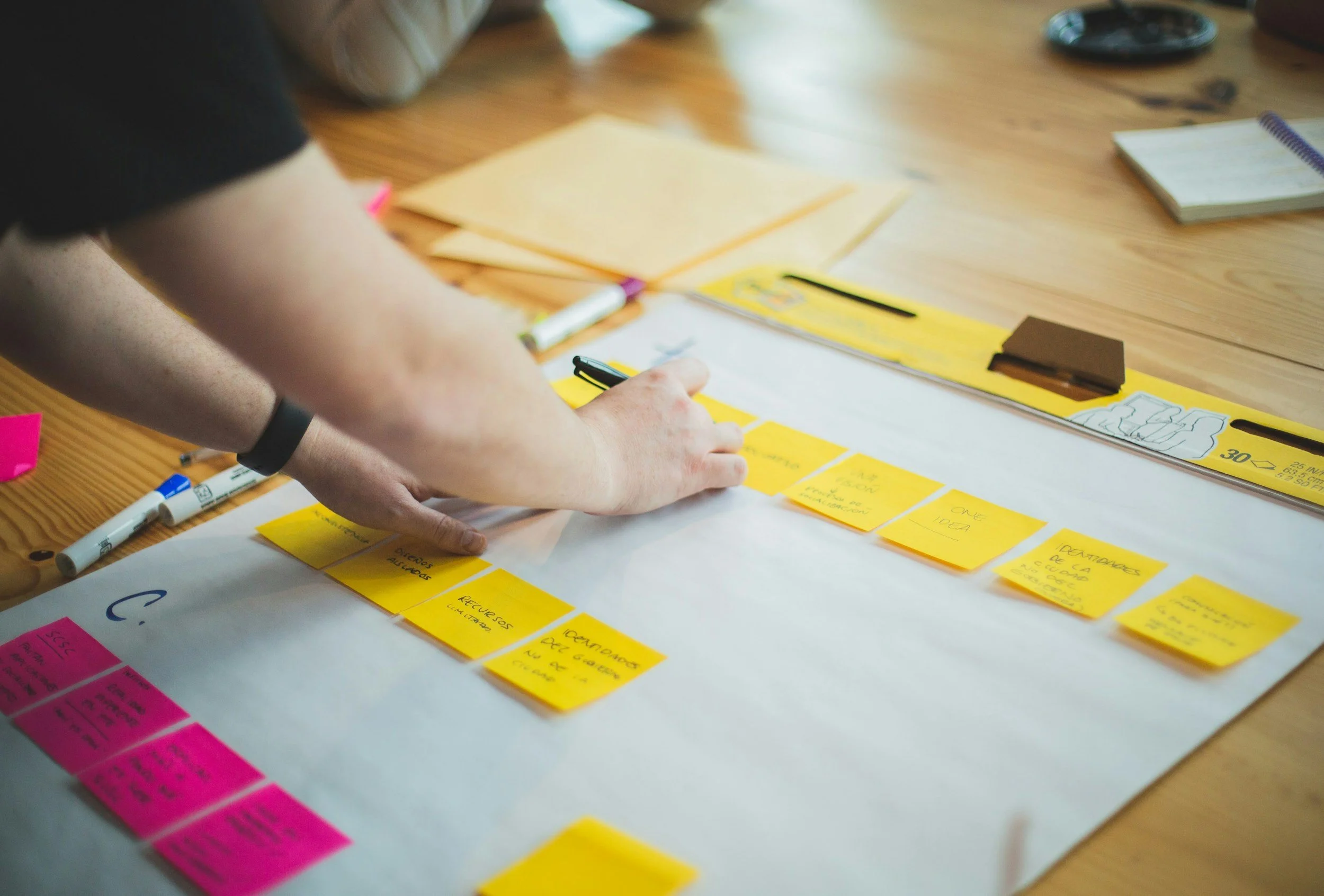 Person arranging yellow sticky notes on a large sheet of paper on a wooden table, with markers, a ruler, and other stationery nearby.