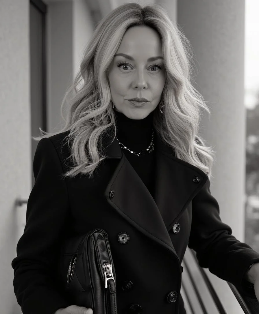 Black and white photo of a woman with wavy blonde hair, wearing a dark coat, a necklace, and carrying a small handbag.