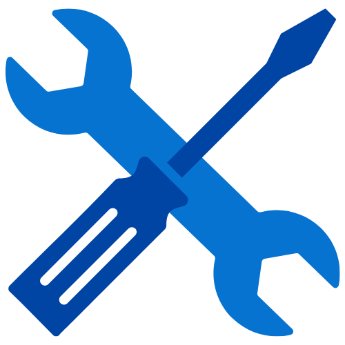 Ein Symbol mit einem Schraubenschlüssel und einem Schraubenzieher, die gekreuzt sind, in blauer Farbe