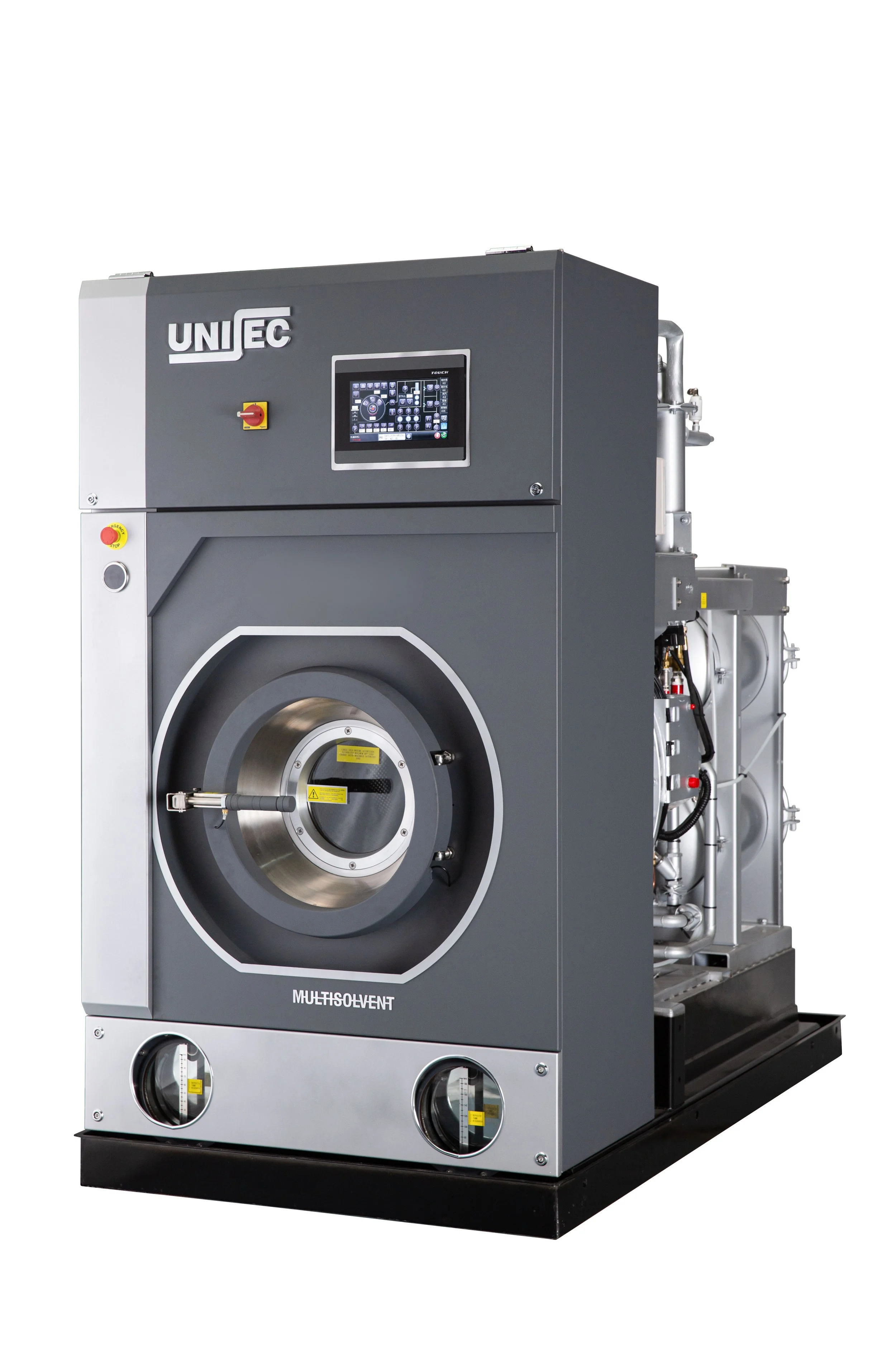 Frontansicht einer Maschine für die chemische Reinigung von UNISEC. Unter der Trommel in der Mitte steht Multisolvent. Darüber befindet sich ein digitales Bedienfeld.