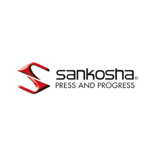 Logo von Sankosha mit einem roten, spitzen Werkzeug und dem Slogan "Press and Progress".