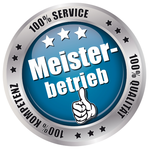 Ein runder Badge mit dem Text 'Meisterbetrieb' in der Mitte, umgeben von '100% Service', '100% Qualität' und 'Zufrieden Niveau'. Ein Händedruck und Sternsymbole sind ebenfalls sichtbar.
