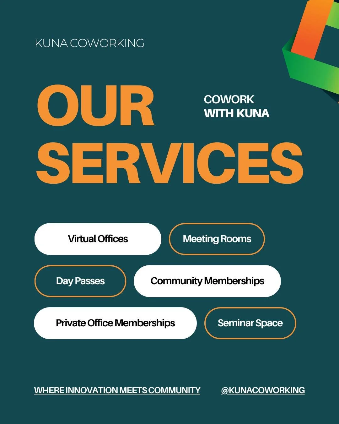 One Space. Endless Possibilities.
At Kuna Coworking, we make it easy to work your way &mdash; whether you need a private office, a professional address, or just a productive space for the day.

✨ Our services include:
✔️ Virtual Offices
✔️ Community 