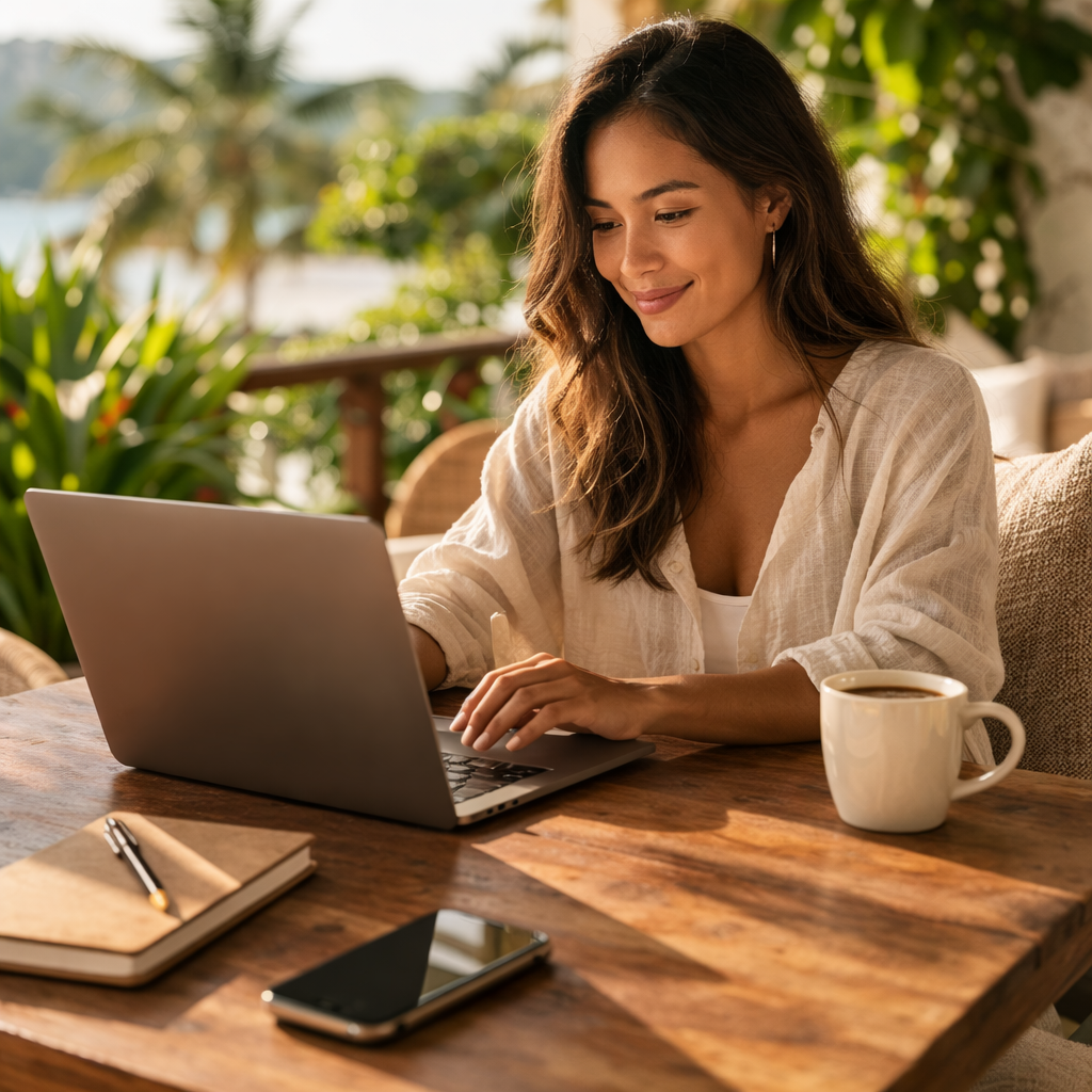A woman sitting at a wooden table outdoors, using a laptop | Virtual Office | Jacksonville FL