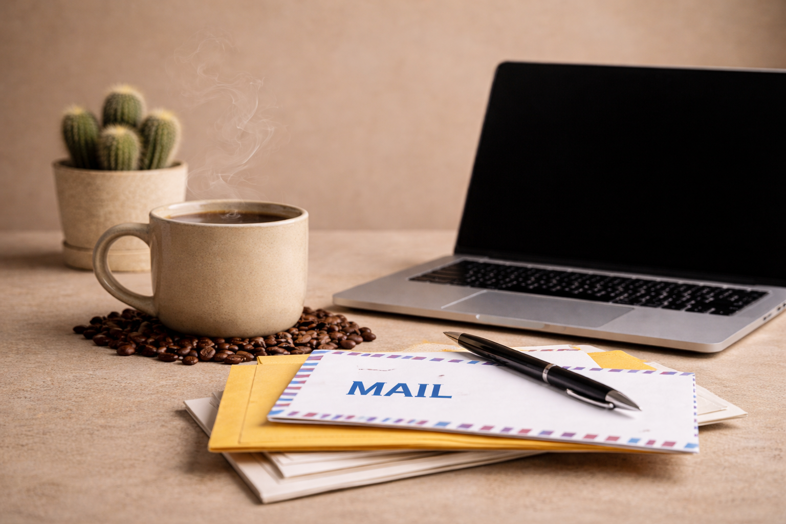 A desk with a steaming coffee cup on coffee beans, stacks of mail and yellow envelopes, a pen, a laptop, a potted cactus, and a beige background.