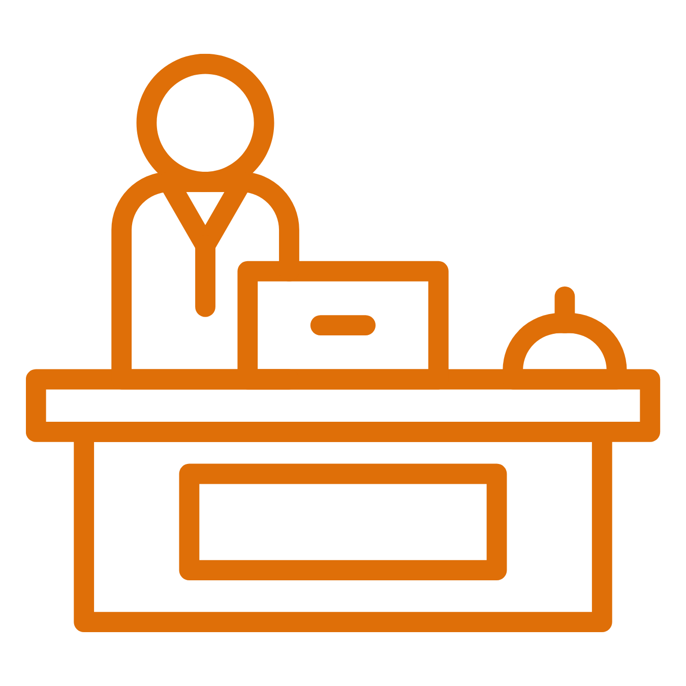 Outline of a person in a suit standing behind a desk with a laptop and a bell on the side.