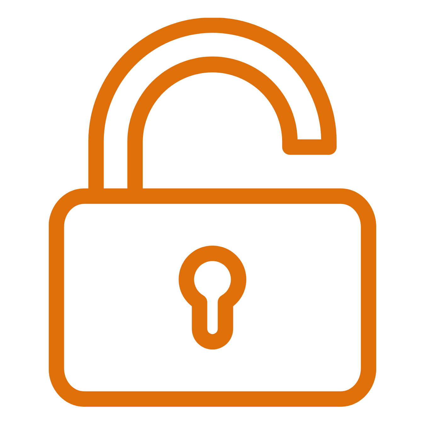 Orange outline illustration of an unlocked padlock.