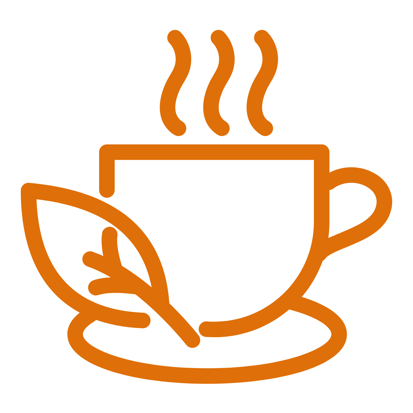 Orange line drawing of a steaming coffee cup with a leaf on a saucer.