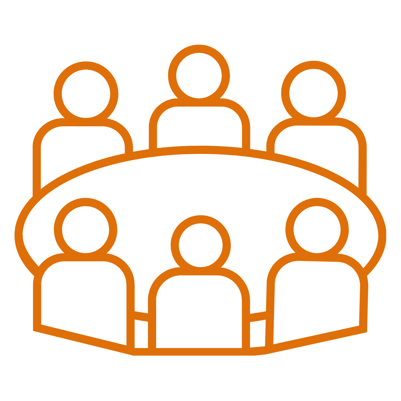 Outline illustration of six people sitting around a conference table.