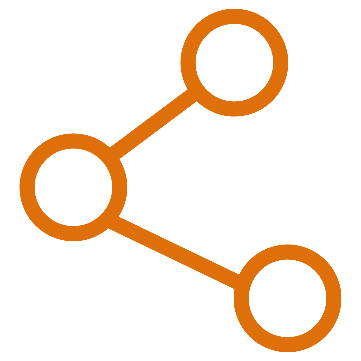Icon representing a connected network or data sharing with three orange circles linked by lines on a black background.