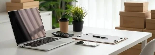 Desk with laptop, coffee cup, calculator, notebook, pen, phone, and plant in a bright room.