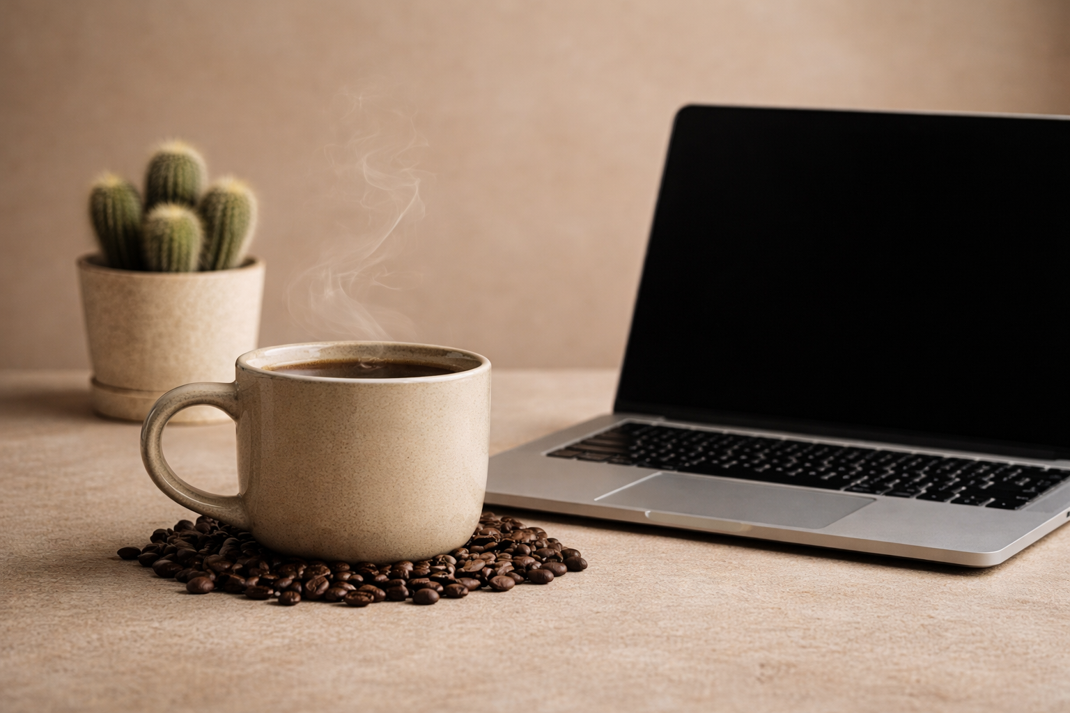 A steaming cup of coffee on a bed of coffee beans, placed on a wooden surface next to a closed laptop with a black screen. In the background, there is a potted cactus plant.