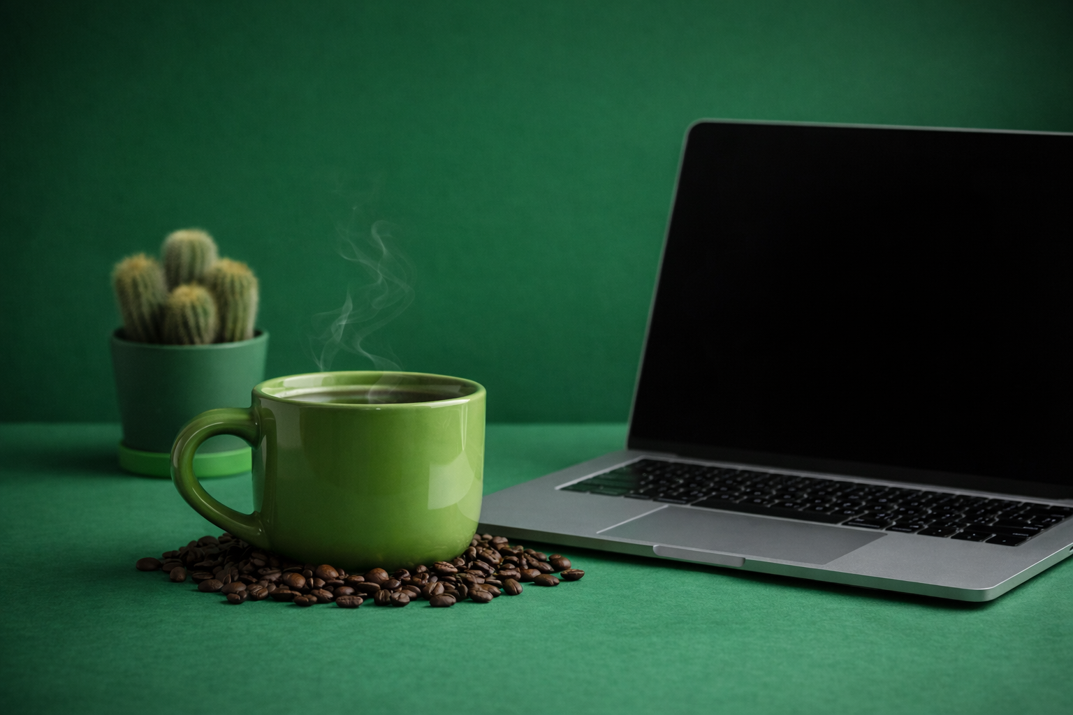 Green coffee mug with steam, coffee beans, a laptop, and cactus on a green background | Coworking Office | Jacksonville FL