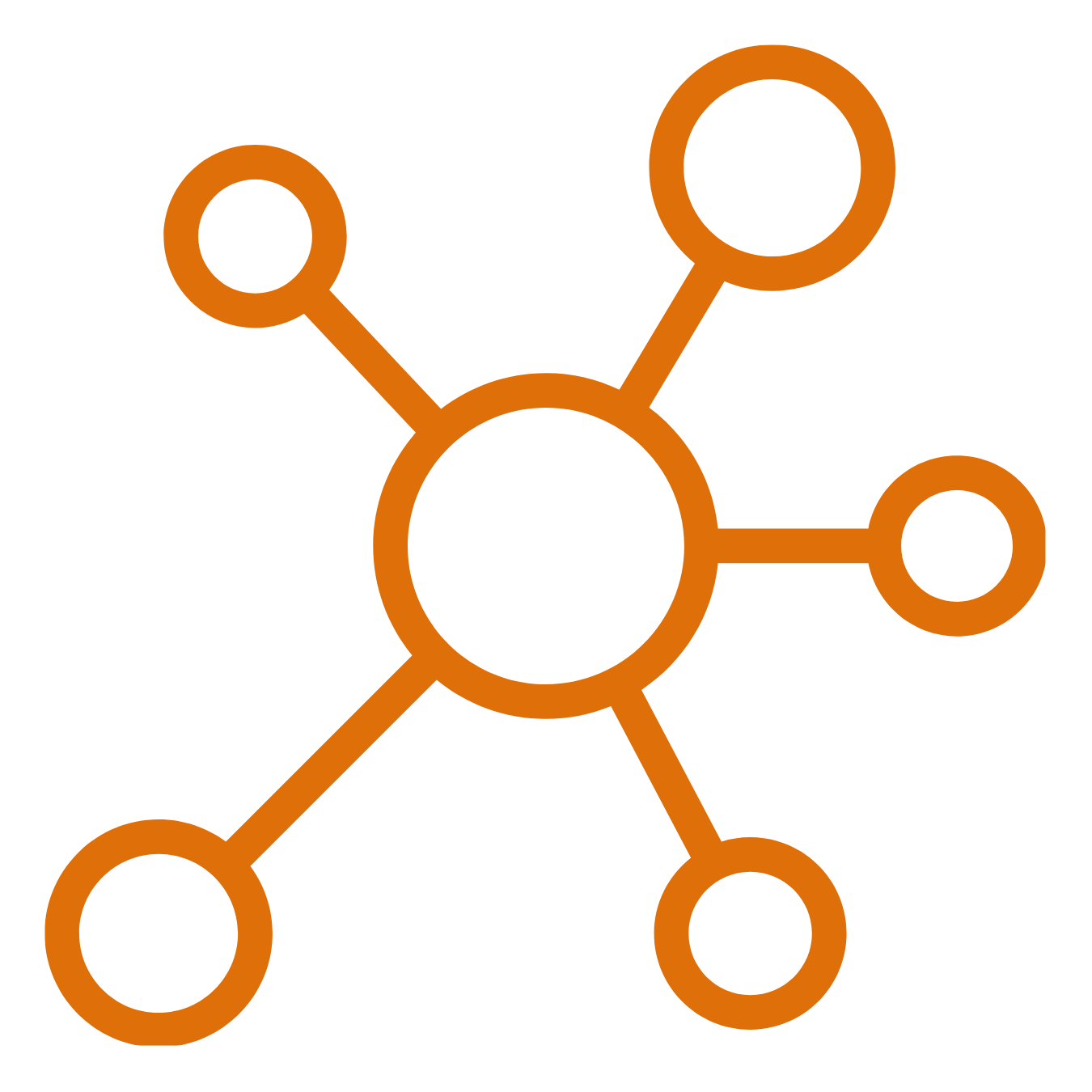 A digital illustration of a network or molecular structure with interconnected circles and lines, in orange on a black background.