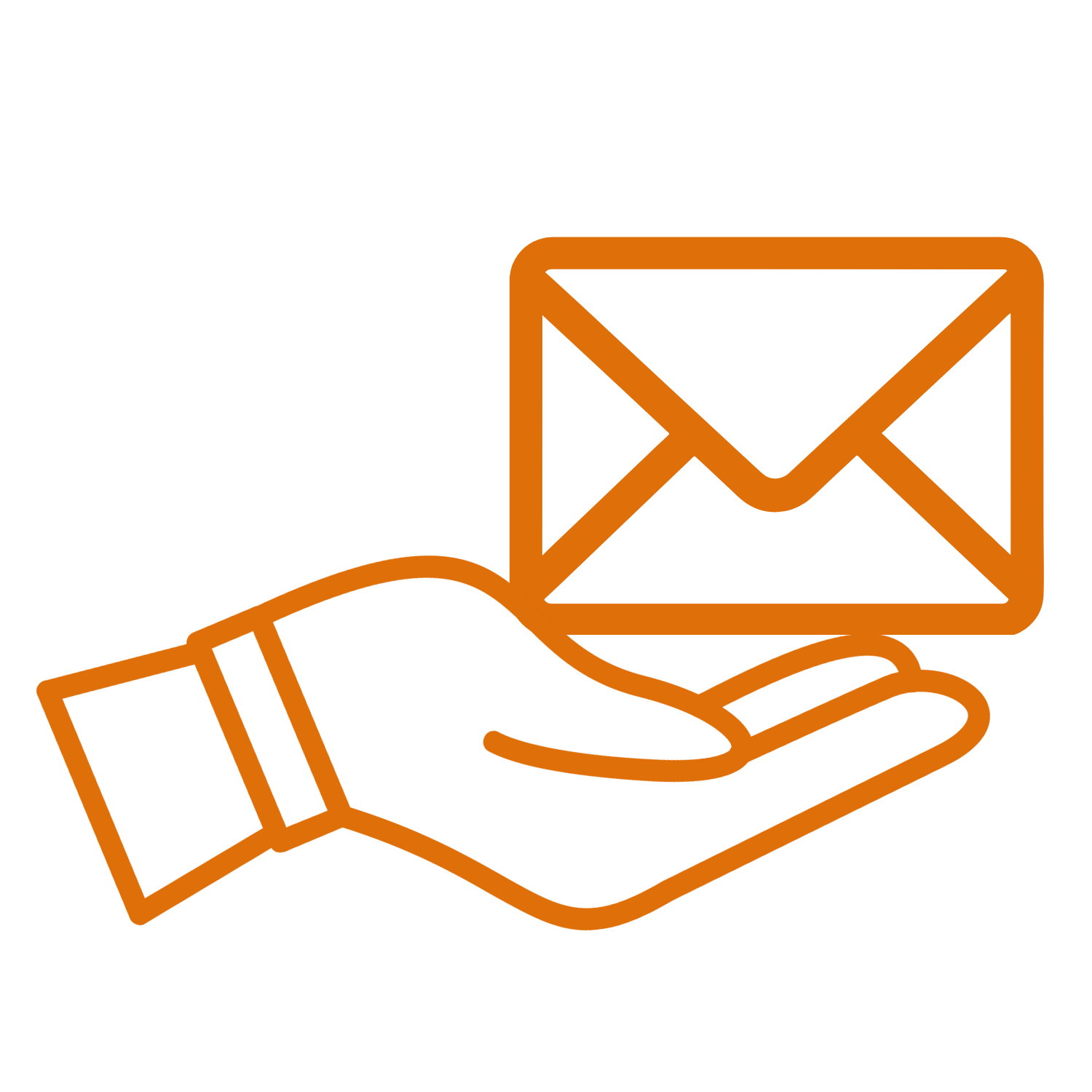 Outline of a hand holding an envelope, representing email or message delivery.