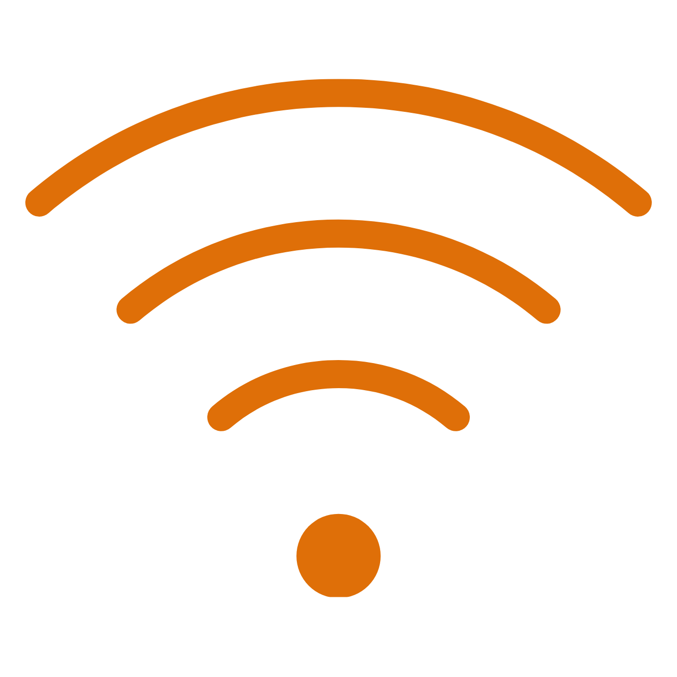 Icon of a Wi-Fi signal with four orange curved bars above a small orange circle.