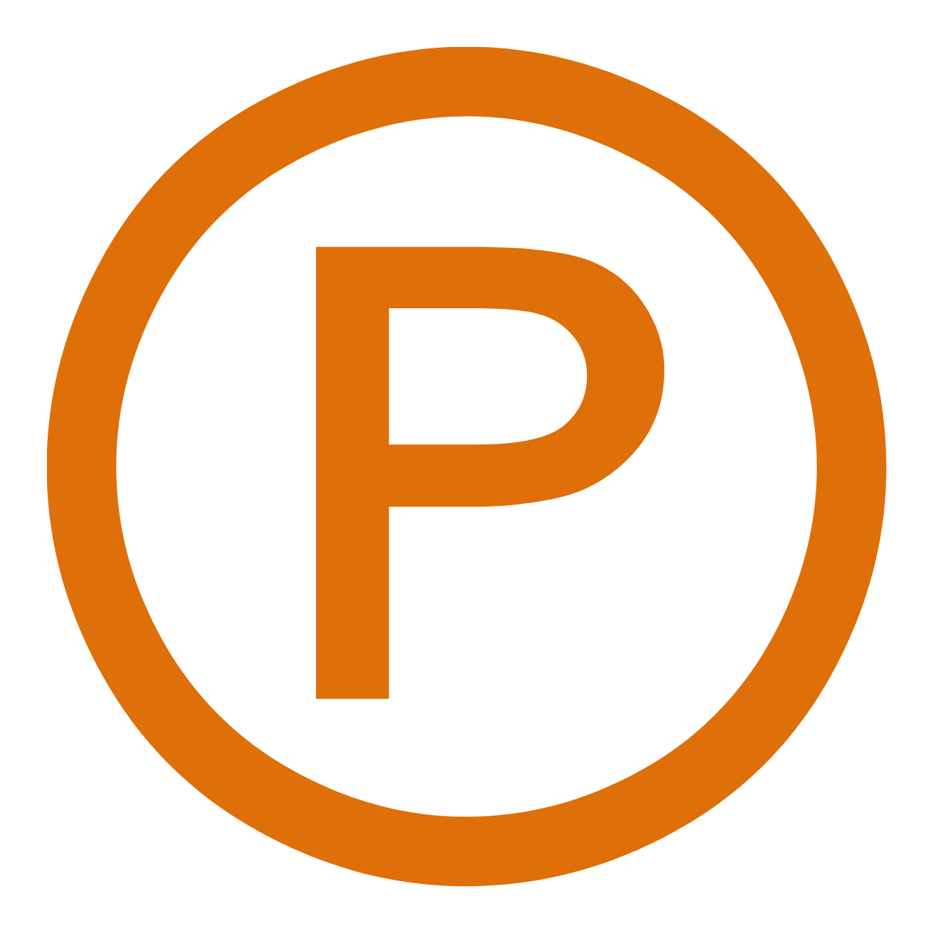 Parking sign with a black background, orange border, and an orange letter P in the center.