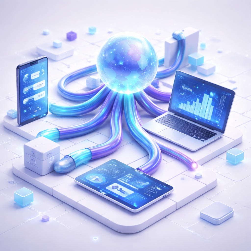 Ilustración futurista de la tecnología con servidores, pantallas, un globo terráqueo digital y cables que representan la conexión global de datos.