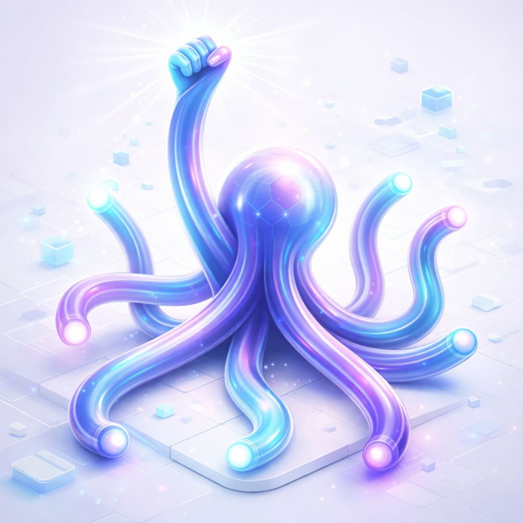 Ilustración futurista de un ciber-kraken digital con tentáculos fluorescentes en tonos azules y rosas, sobre un fondo de cuadrados y bloques de datos brillantes.
