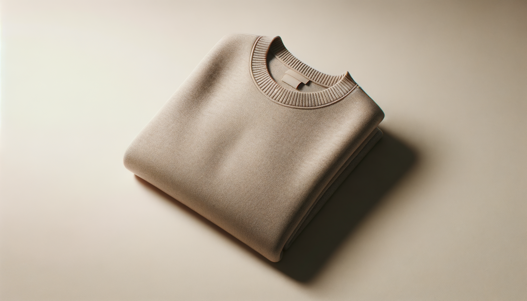 A neatly folded beige sweatshirt with a ribbed collar lying on a flat light-colored surface, casting a shadow.