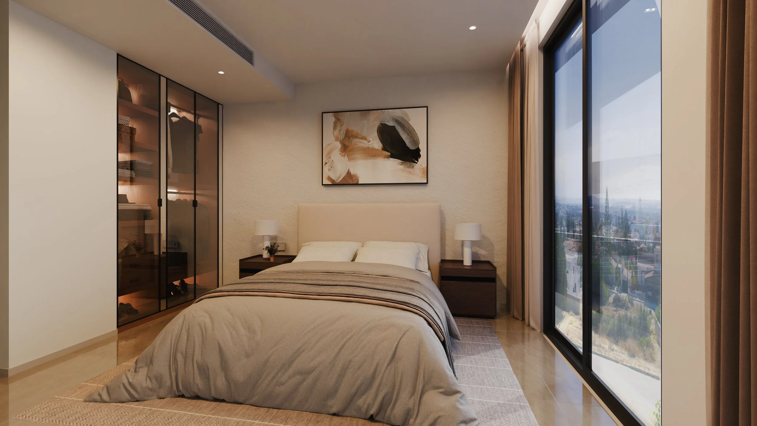Modern bedroom with a bed, two nightstands with lamps, a large abstract painting above the headboard, a glass closet with clothes, and floor-to-ceiling windows with a view of the outdoors.
