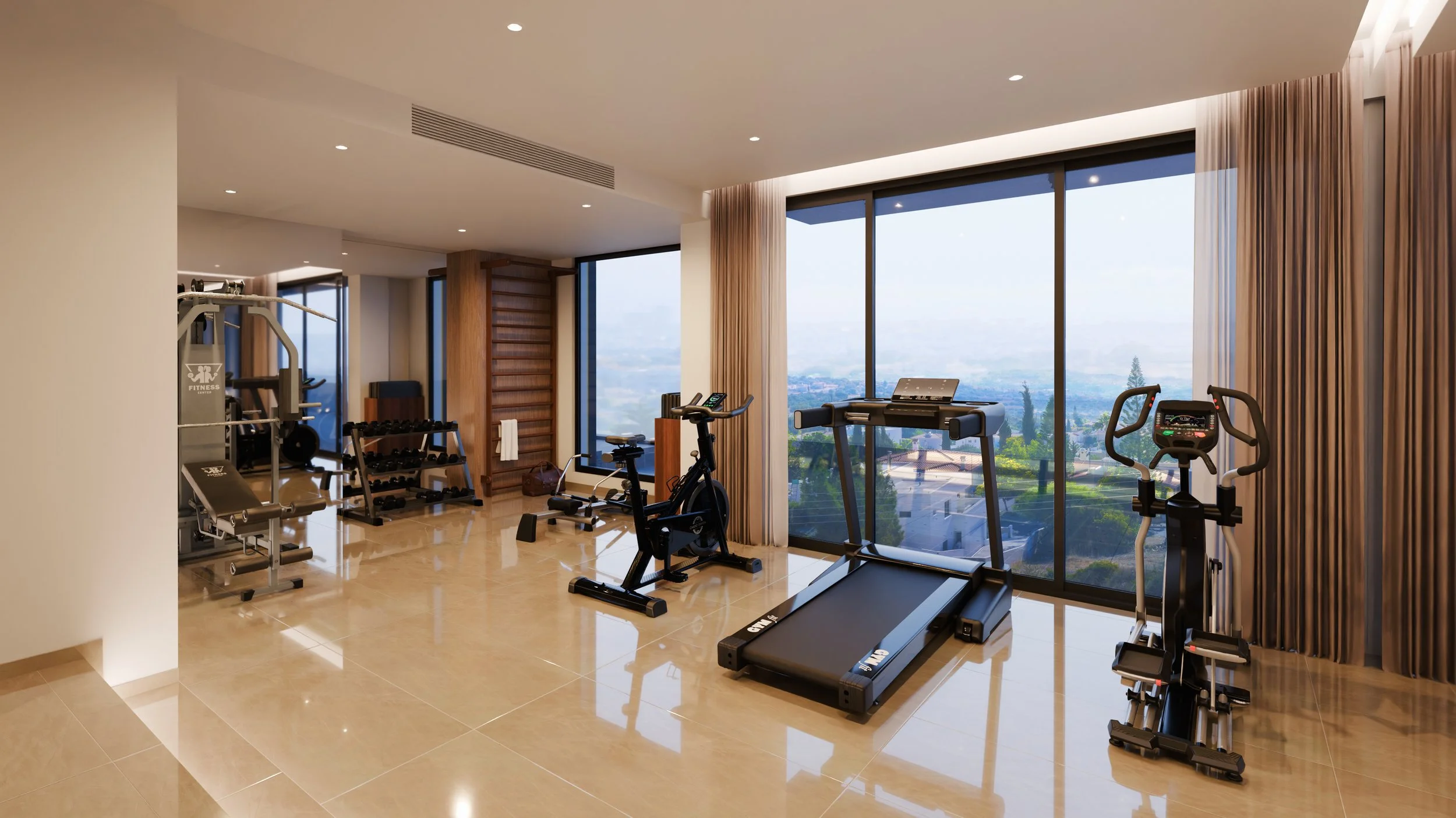 Modern gym with large windows, featuring cardio and strength equipment including a treadmill, stationary bike, elliptical, free weights, and a seated rowing machine.