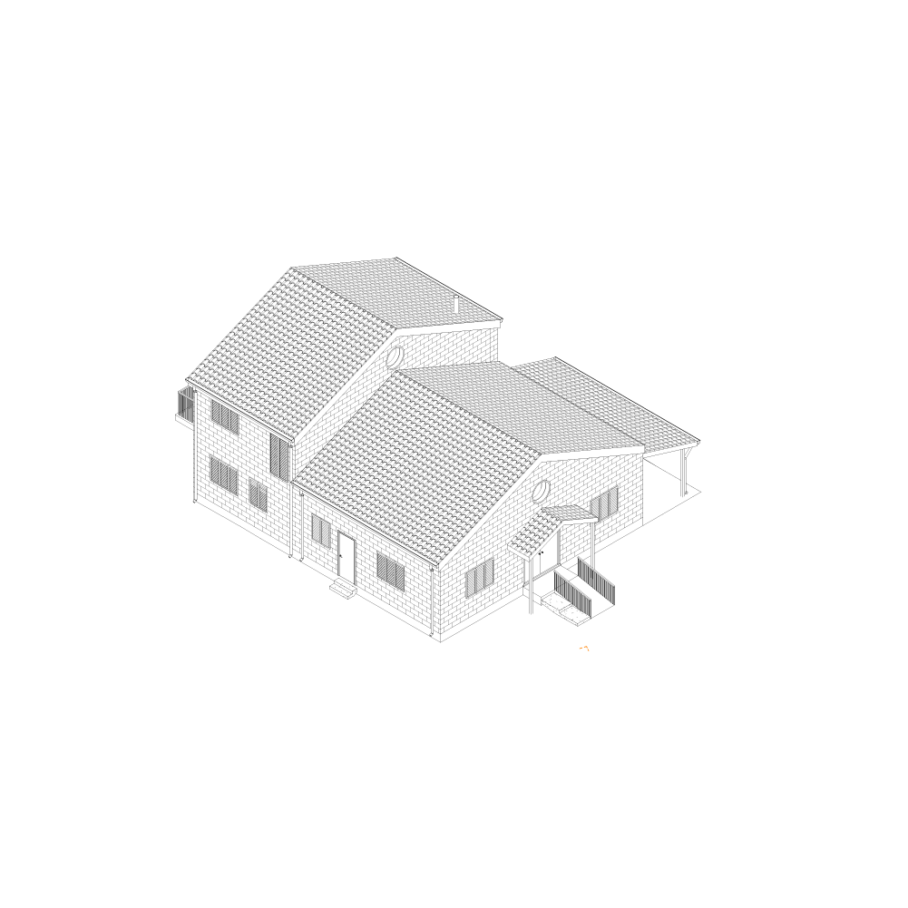 A digitally rendered 3D model of a two-story house with a gable roof, multiple windows, and a small porch with steps.